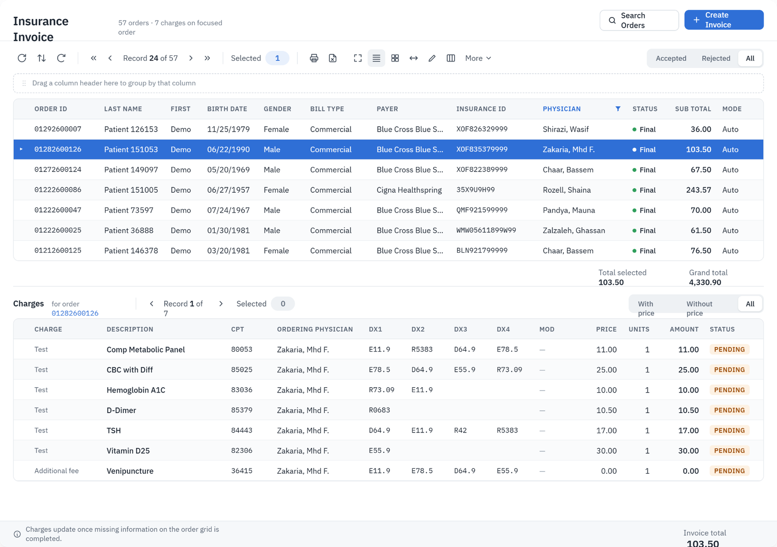 OCL LIS insurance invoice creation workspace